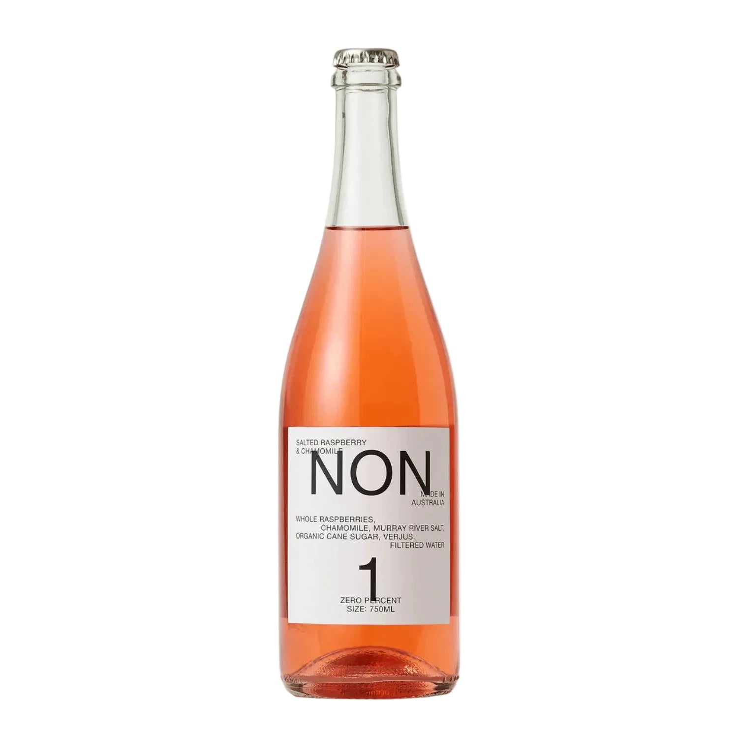 A bottle of NON 100% raspberry lemonade wine proxy with a white label and silver cap, filled with a pinkish-orange liquid, on a solid white background.