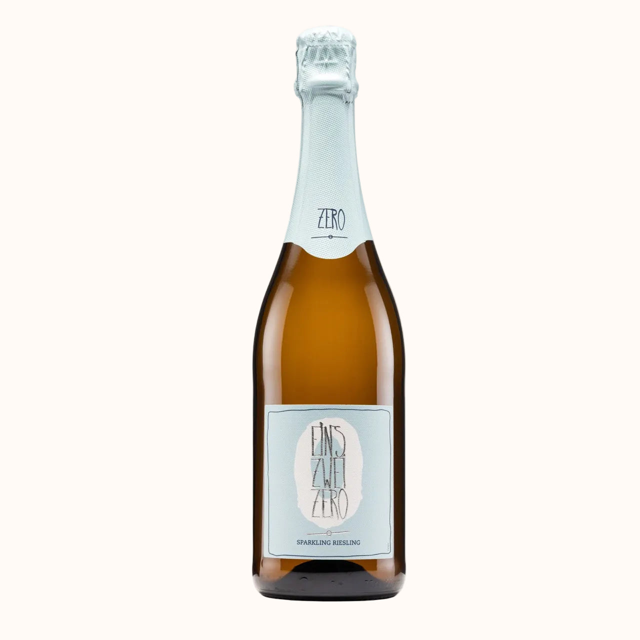 A bottle of Leitz Brut sparkling wine, featuring an amber glass bottle with a pale blue label and foil, set against a plain white background.