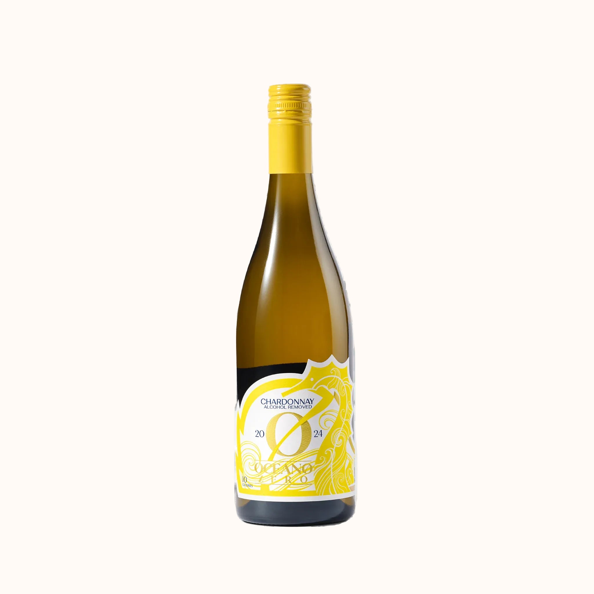 A bottle of non-alcoholic Chardonnay wine with a yellow label and yellow screw cap, shown on a plain white background.