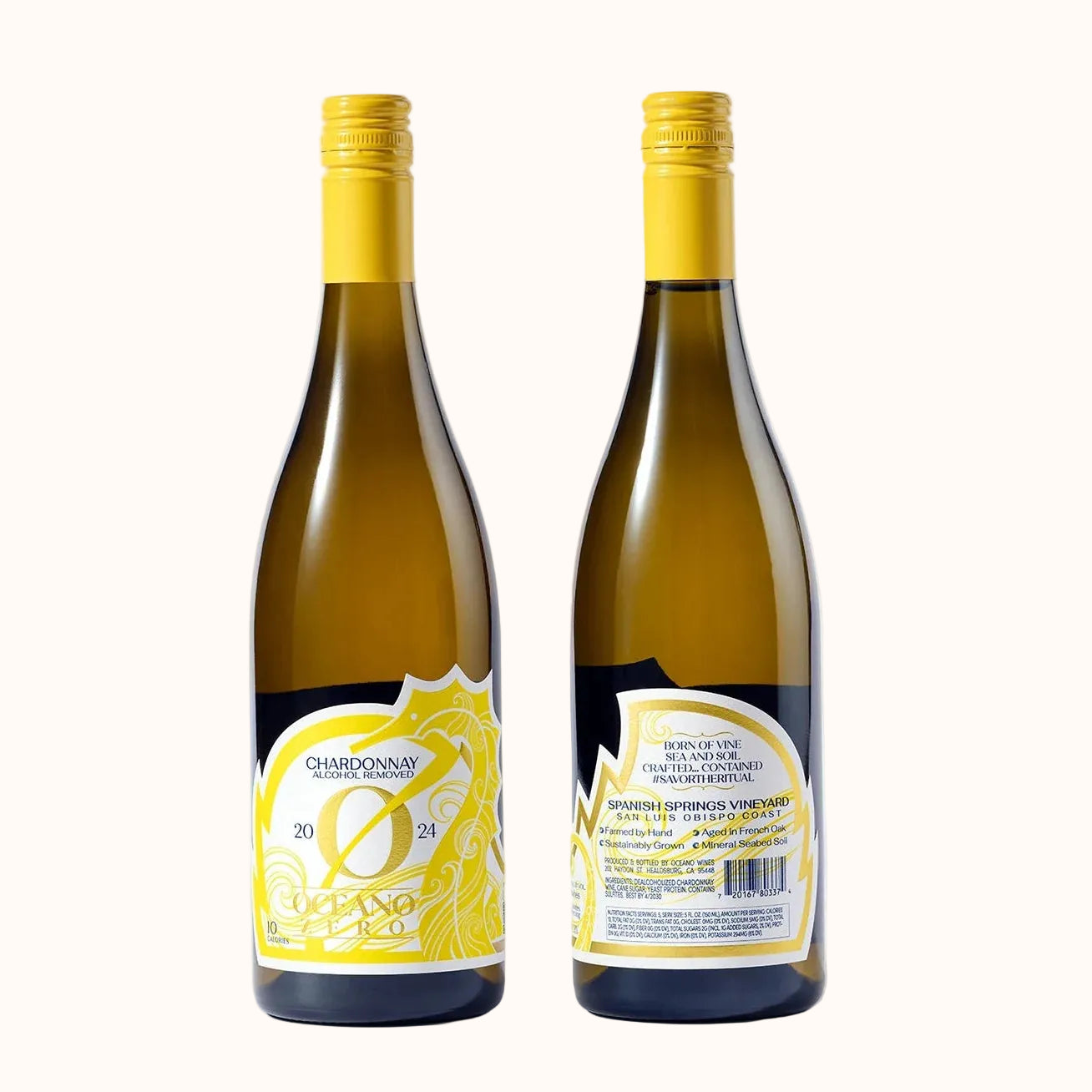 Two bottles of white wine with yellow caps and yellow-and-white labels, shown standing upright against a clean white background. One bottle shows the front label and the other shows the back label.