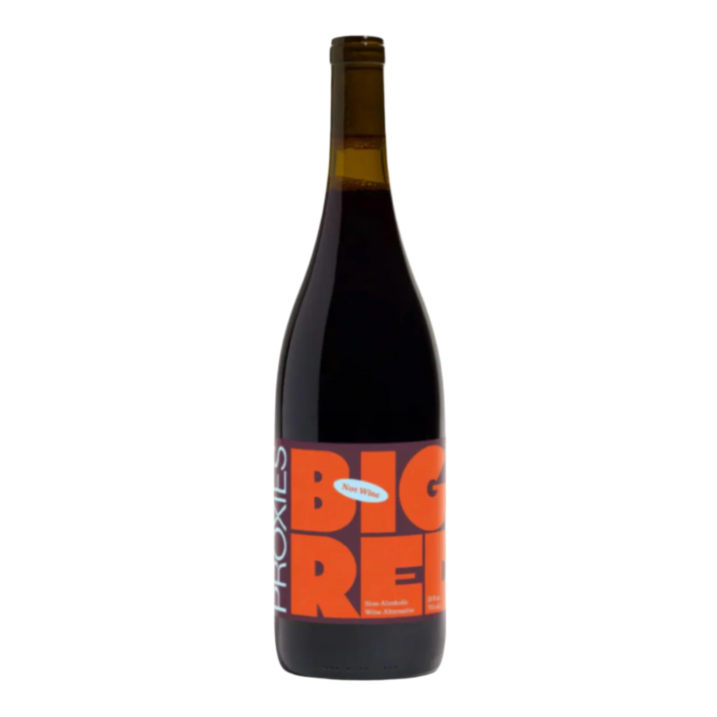 Bottle of Proxies Big Red non-alcoholic red wine on white background.