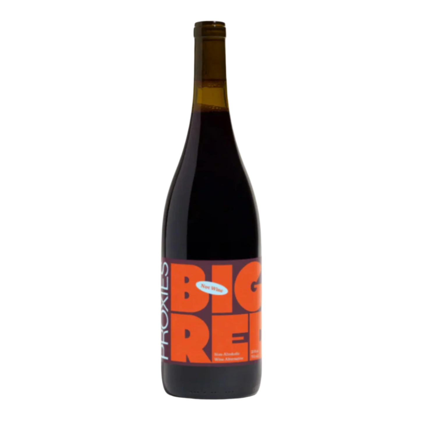 Bottle of Proxies Big Red non-alcoholic red wine on white background.