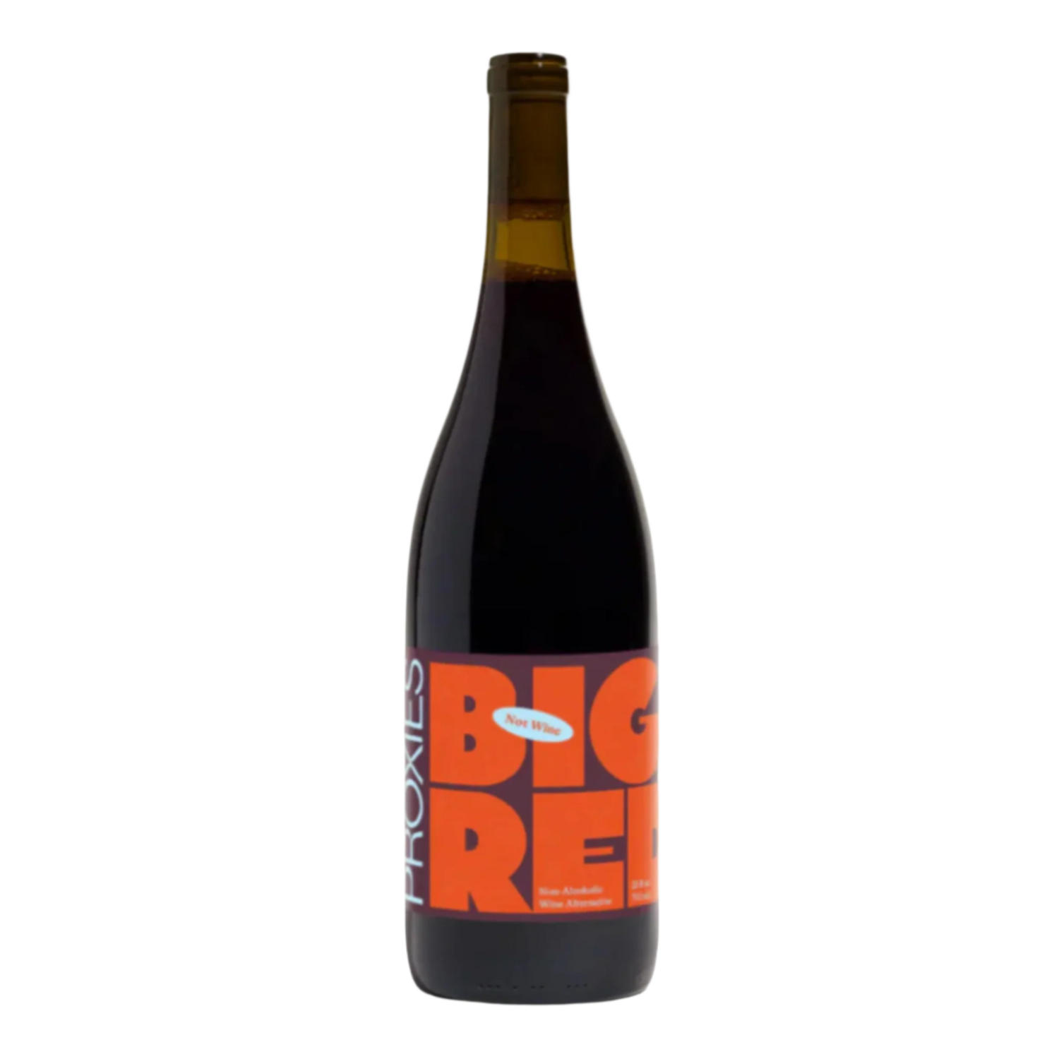 Bottle of Proxies Big Red non-alcoholic red wine on white background.
