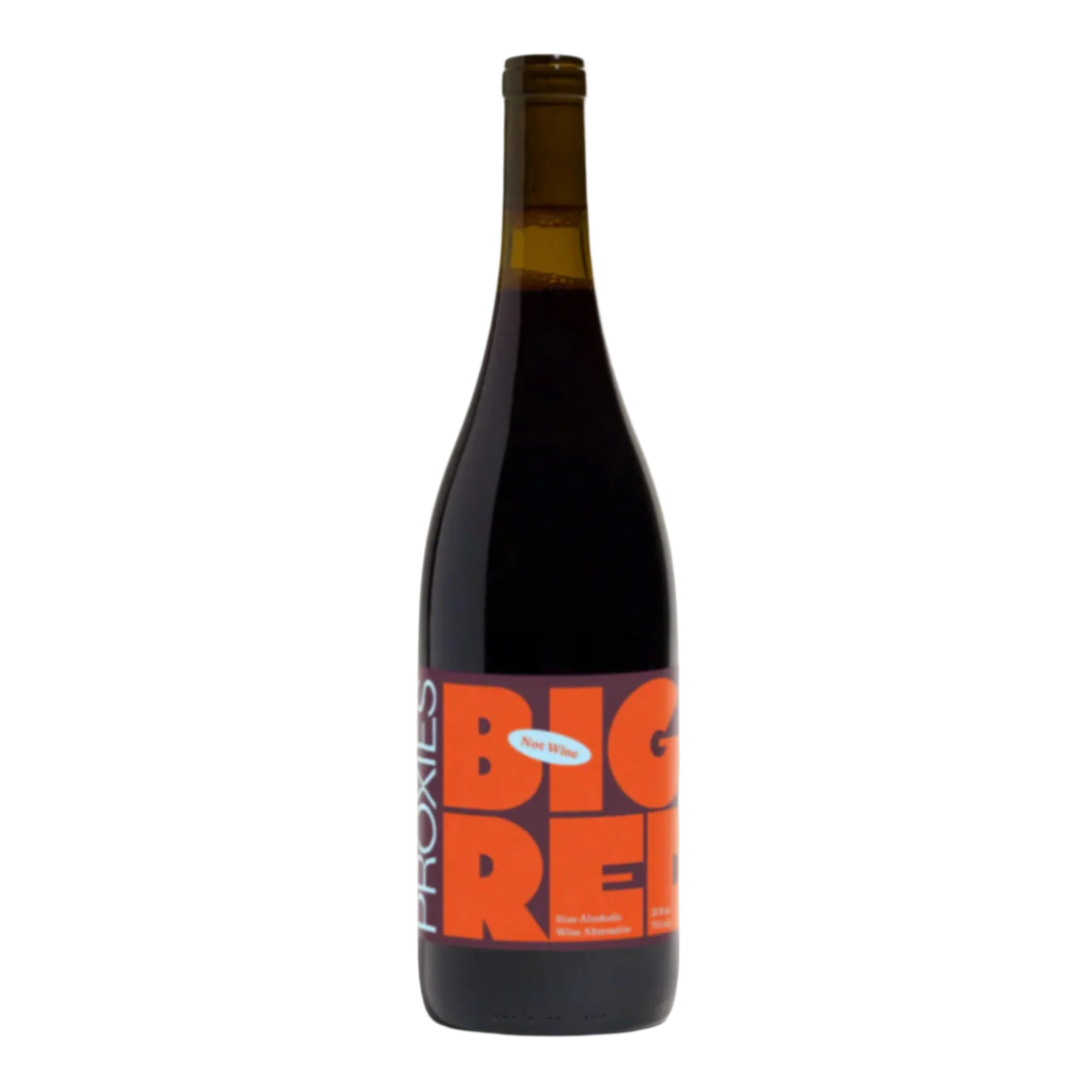 Bottle of Proxies Big Red non-alcoholic red wine on white background.