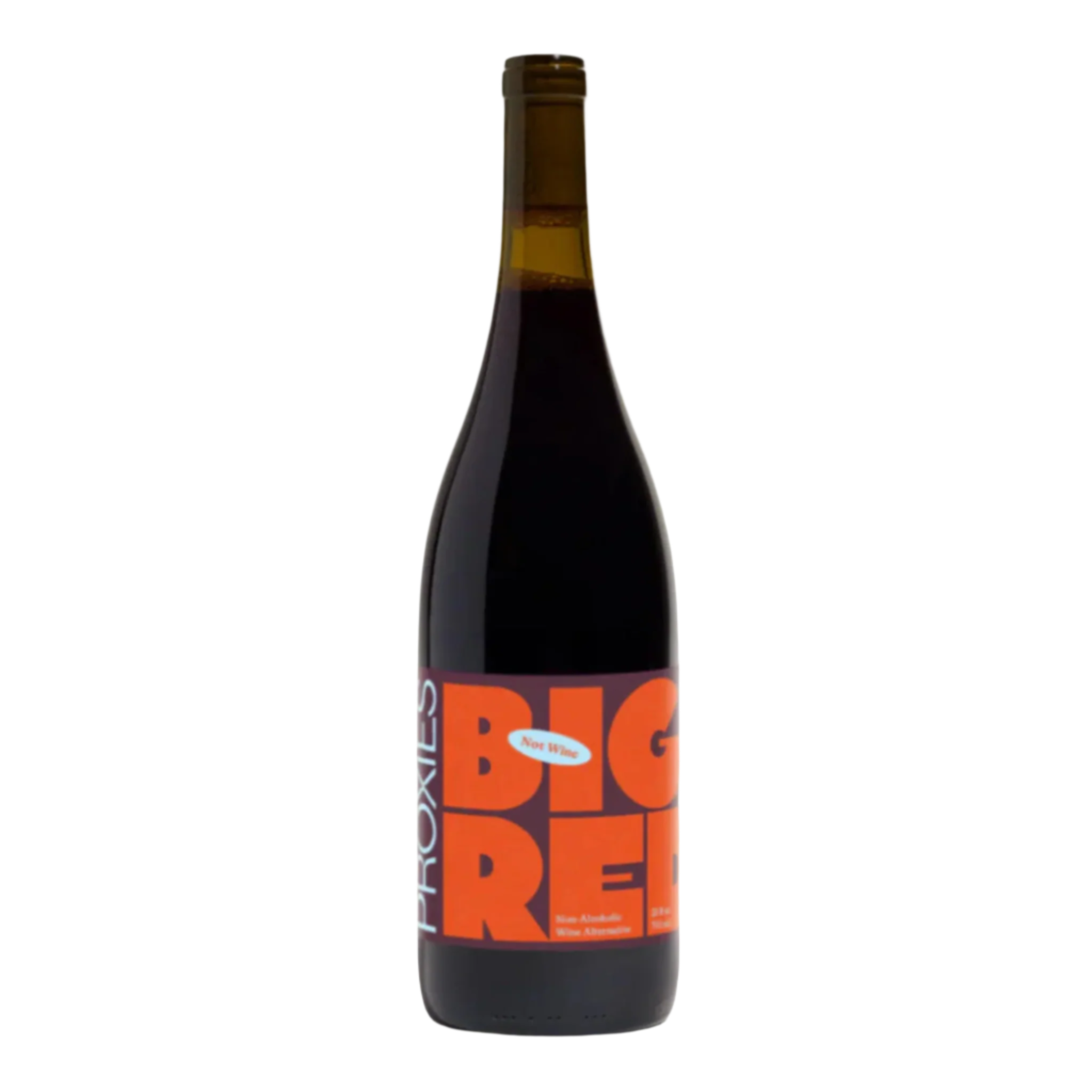 Bottle of Proxies Big Red non-alcoholic red wine on white background.