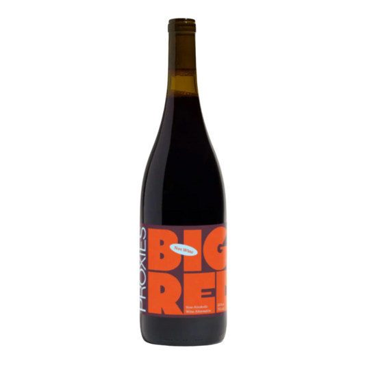 Bottle of Proxies Big Red non-alcoholic red wine on white background.